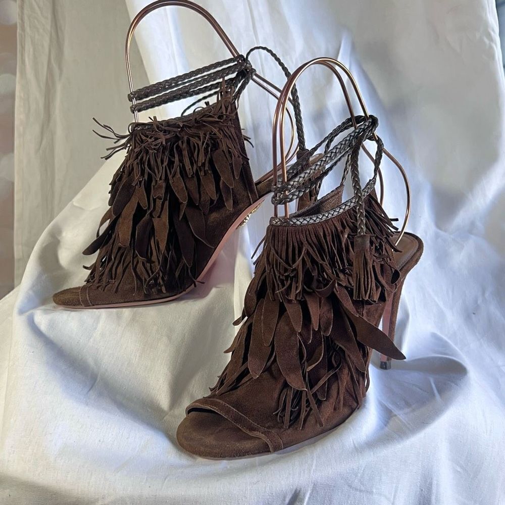 Aquazurra chocolate suede fringe heeled sandals, size 39/9